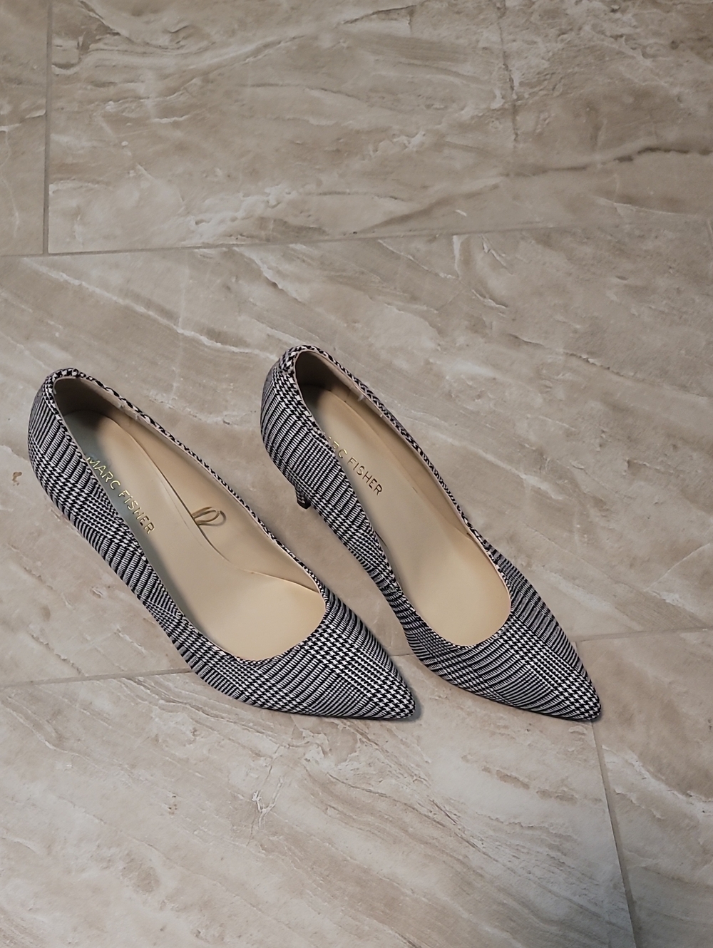 Marc Fisher Black & White Plaid Pointed-Toe Pumps